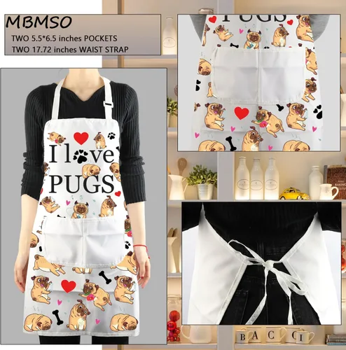 Miniatura 3 de Delantales para perros de pug, regalos para amantes de los pug, delantal de cocina con bolsillos, delantal de cocina I Love Pugs, regalos