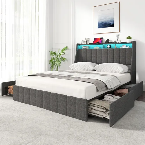 Miniatura 17 de Zevemomo - Base de cama completa con estación de carga, puertos USB y enchufes, base de plataforma tamaño completo con cabecera, base de cama sin