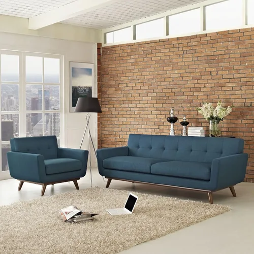 Modway Engage - Sillón de una pieza tapizado con tela y sofá de dos piezas de estilo de mediados de siglo, Tela, Celeste