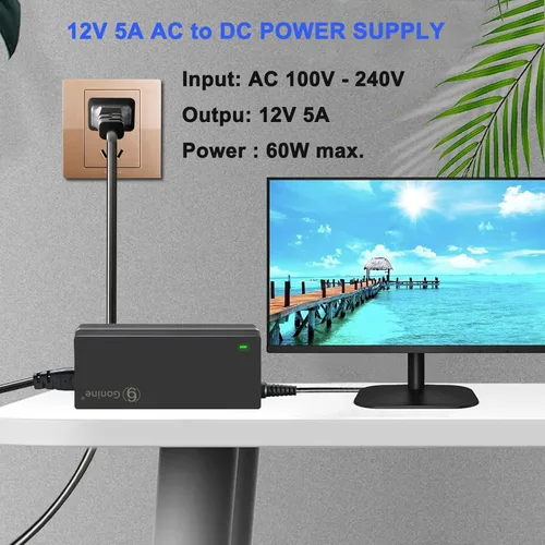 Miniatura 5 de Adaptador de corriente alterna para monitor de 12 V 5 A, cable de carga de 100 a 240 V CA a 12 V CC, 60 W, adecuado para tiras de luz LED Sceptre