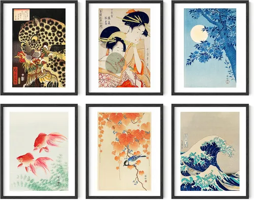 HAUS AND HUES Impresiones de arte asiático, juego de 6 decoraciones japonesas contemporáneas de pared, pinturas de hokusai, carteles de ondas, Juego