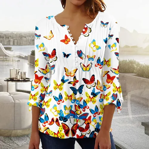 Miniatura 40 de Ceboyel Blusa tipo túnica con estampado floral para mujer, con botones, estilo Henley, con manga de codo, casual, trajes de moda para mujer
