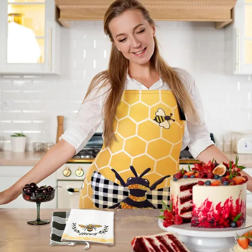 Miniatura 2 de Bencailor 6 Pcs Bee Sunflower Kitchen Set Include 4 Dish Towels and 2 Kitchen Aprons for Spring Summer Women Housewarming