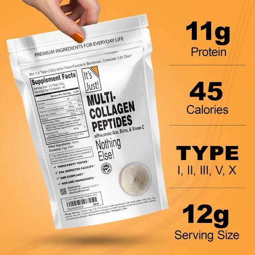 Miniatura 3 de It's Just! - Péptidos de colágeno múltiple (tipos I, II, III, V, X) con vitamina C, biotina, ácido hialurónico, sin sabor añadido, probado