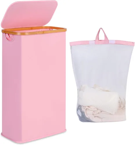 iEGrow Cesta de lavandería delgada de 65L, cesta de lavandería estrecha con tapa, cesta de ropa plegable con asas de bambú, cesta de lavandería con