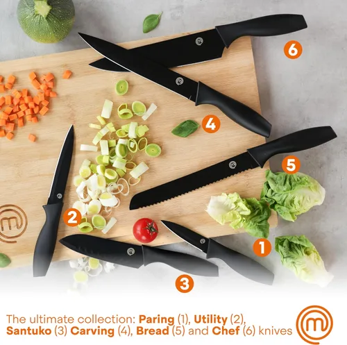 Miniatura 2 de MasterChef - Juego de cuchillos de cocina con bloque, 6 cuchillos de cocina y un soporte universal para cuchillos, hojas de acero inoxidable extra