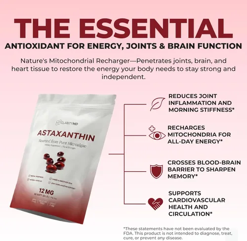 Miniatura 4 de Astaxantina Suplemento antioxidante de 12 mg – Fuente natural de microalgas – Softgel a base de lípidos para una mayor absorción – Apoyo cognitivo