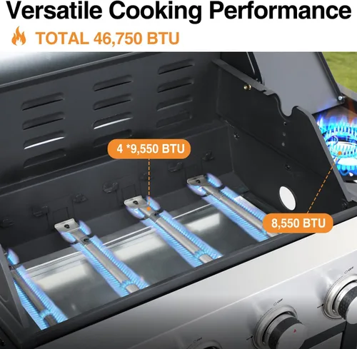 Miniatura 5 de Parrilla de gas de propano con 4 quemadores Parrilla de hierro fundido de 49,000 BTU, almacenamiento, quemador lateral, bandeja de goteo de aceite