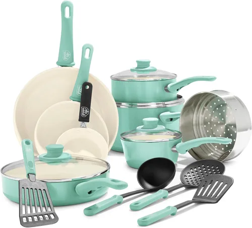 GreenLife Soft Grip - Juego de utensilios de cocina de 16 piezas, cerámica antiadherente no tóxica sin PFAS, ollas, sartenes, salseras, sartén para