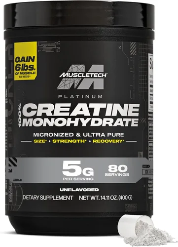 MuscleTech Platinum - Monohidrato de creatina en polvo, micronizada para recuperación muscular y aumentar la musculatura en hombres o mujeres,