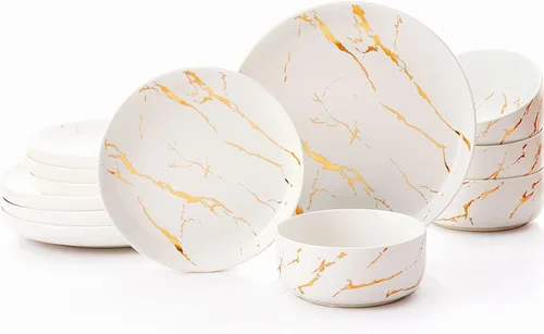 Miniatura 13 de Pokini Juego de vajilla de porcelana, juego de 12 platos y cuencos de porcelana de lujo, juego de platos verdes con borde dorado para boda