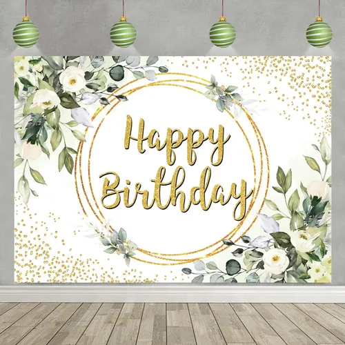 Telón de fondo verde de feliz cumpleaños, suculenta y hojas verdes de eucalipto doradas, fondo de fotografía de selva, niños, niñas, mujeres, baby