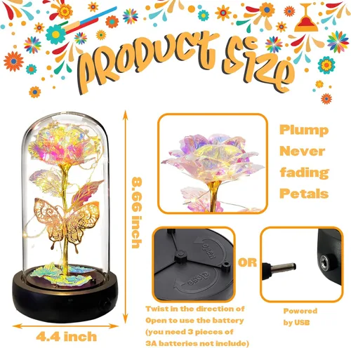 Miniatura 2 de Regalos de rosas de cumpleaños para mujeres y mamá, regalo de rosa de cristal blanco colorido Rainbow Rose in Glass Dome with Music Box, Light Up