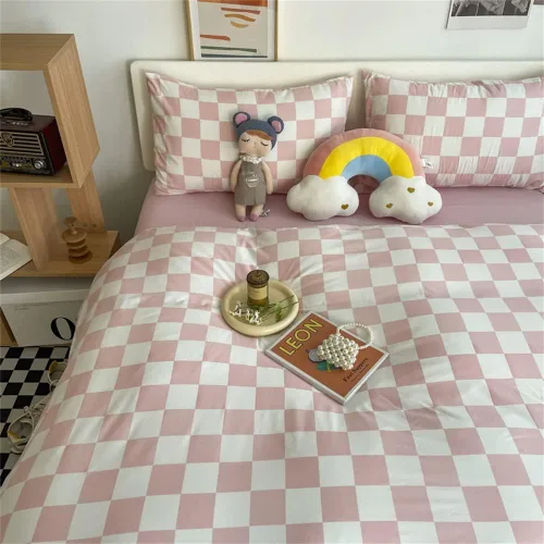 Miniatura 3 de Wellboo - Juego de edredón de cuadros rosa y blanco para cama tamaño full, colcha de algodón con diseño abstracto y geométrico rosa frijol y blanco