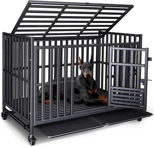 Miniatura 10 de Jaula para Perros de Servicio Pesado, Jaula Indestructible a Prueba de Escape para Perros con Alta Ansiedad, Perrera de 3 Puertas con 4 Ruedas