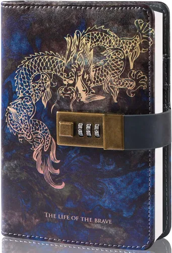CAGIE Diario con cerradura A6 pequeño diario de bloqueo para adultos, carpeta de piel sintética, 6 anillos, dragón, 6.9 x 4 pulgadas