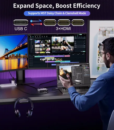 Miniatura 3 de Adaptador USB C a 3 × HDMI Divisor HDMI 4K60Hz Pantalla extendida Hub MST de 1 en 3 salidas con PD de 100 W para múltiples monitores convertidor