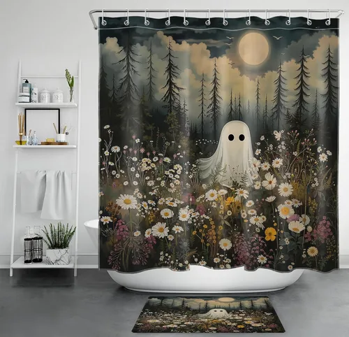 Miniatura 10 de LB Cortina de ducha espeluznante de Halloween, lindo fantasma en flores, árbol negro, luna llena, cortinas de ducha para baño, tela de poliéster