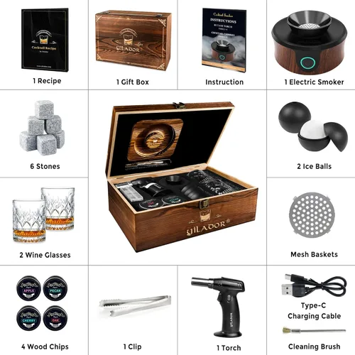 Miniatura 7 de Kit de ahumador de whisky eléctrico con antorcha, caja de madera premium, 4 astillas de madera, moldes para hielo, recetas, kit de ahumador