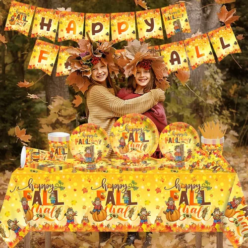 Miniatura 5 de Juego de 142 platos y servilletas de Acción de Gracias - Decoración de fiesta Happy Fall Y'all, vajilla desechable de espantapájaros, hojas de arce