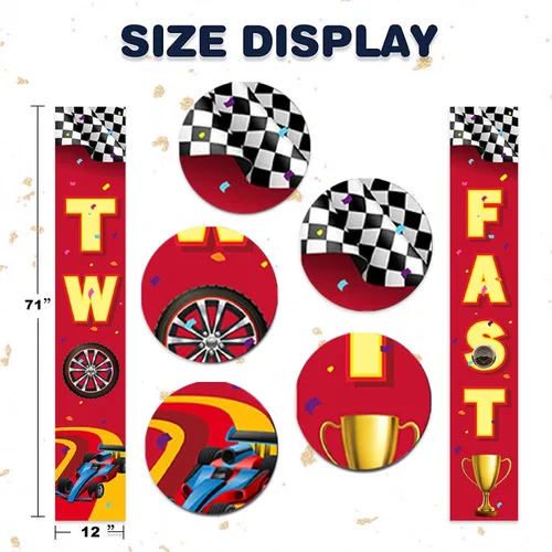 Miniatura 2 de Two Fast 2 RaceCar - Cartel de feliz 2º cumpleaños con texto en inglés "Happy 2nd Birthday", bandera de control de coche de carreras, decoración