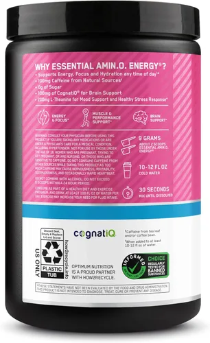 Miniatura 11 de Optimum Nutrition Amino Energy Plus Electrolytes - Bebida energética con aminoácidos y electrolitos para hidratación, sin azúcar, con BCAA, sabor