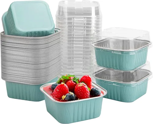 Miniatura 14 de 50 Pcs Mini Square Baking Cups with Lids,5oz Aluminum Foil Mini Cake Pans with Lids,Disposable Ramekins Cake Pans,150ml Dessert Cups Cupcake Pans
