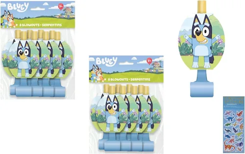 El paquete de suministros para fiesta de cumpleaños de Bluey incluye 16 estallidos de fiesta y 1 hoja de calcomanías de dinosaurio
