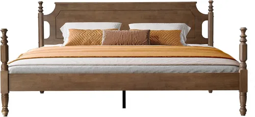 Base de cama de madera maciza tamaño King con cabecero y estribo, cama de plataforma, patas centrales de metal, 12 listones resistentes,