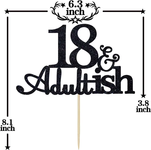 Miniatura 2 de Decoración para pastel de 18 años con purpurina negra y Adultish para fiesta de cumpleaños de dieciocho años, decoraciones de pastel de tiempo
