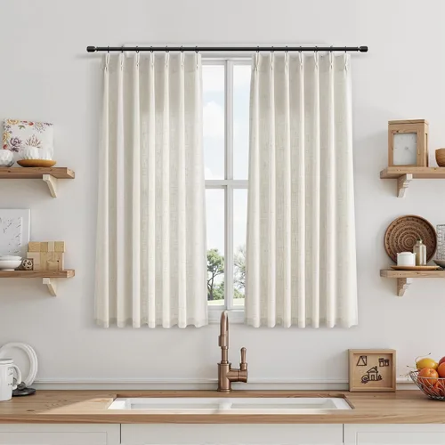 Miniatura 16 de Juego de 2 paneles de cortinas de ventana de cocina beige de 24 pulgadas de largo, con textura de lino, plisadas, filtrantes de luz, semi pequeñas