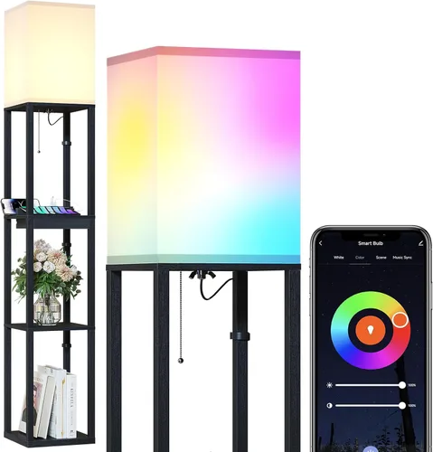 SUNMORY - Lámpara de pie con estantes, lámpara de pie regulable con luz RGB y control por APP, lámpara de pie alta con estantes para sala de estar y