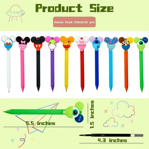 Miniatura 3 de APQA Set de 10 bolígrafos con cabeza de ratón y orejas de personajes, bolígrafo retráctil de bola, lápices multicolores jumbo para autógrafos