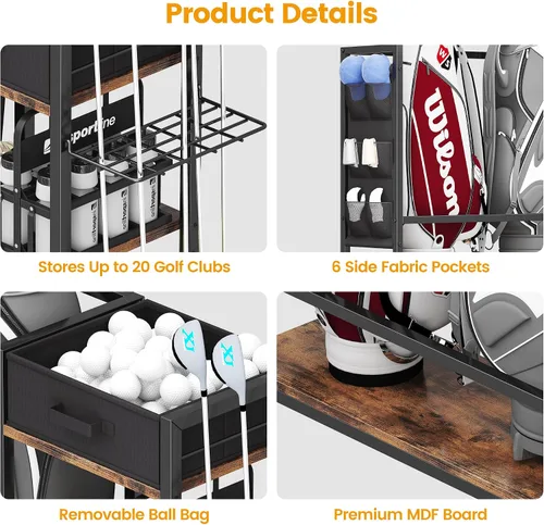Miniatura 6 de Organizador de almacenamiento de bolsa de golf para garaje, organizador de golf con estante de golf adicional y bolsa lateral de tela para 20 palos