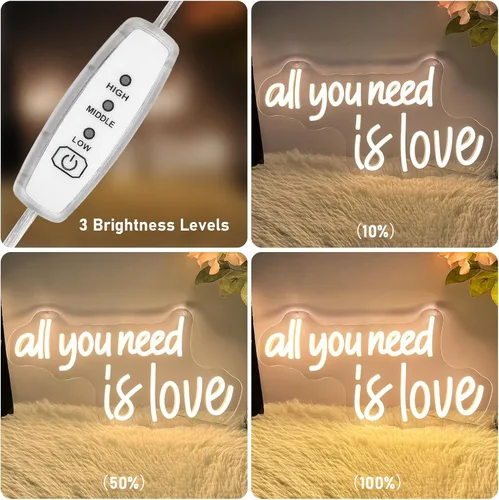 Miniatura 7 de Letrero de neón con texto en inglés «All You Need Is Love» de neón para boda, alimentado por USB, tres luces ajustables «All You Need Is Love»