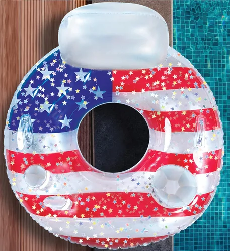 Miniatura 8 de POZA Flotador inflable de piscina de Estados Unidos – Lujosa tumbona divertida llena de confeti de estrellas plateadas brillantes, diseño de bandera