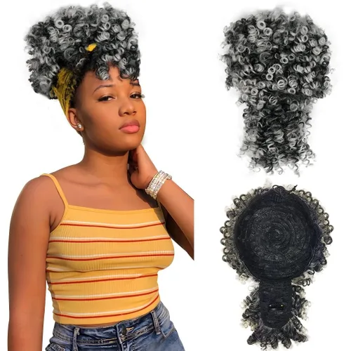 Miniatura 10 de MODSIGHT Cola de caballo afro hinchada con cordón y flequillo, moño de cola de caballo rizada crespa negra con flequillo, postizos para peinados