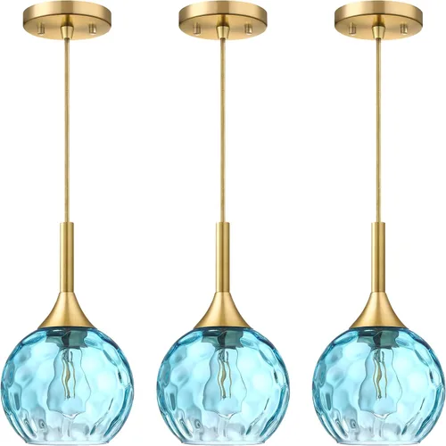 Miniatura 5 de Lámpara colgante de barra de vidrio azul con textura de 6.3 pulgadas, paquete de 3 lámparas colgantes de techo con acabado negro, moderna casa
