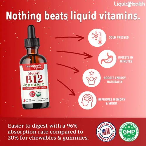 Miniatura 2 de LIQUIDHEALTH USDA Orgánico Gotas Líquidas de Vitamina B12 Metil Metilcobalamina con Jugo de Cereza Agria - Aumenta la Energía, Apoyo Inmunológico