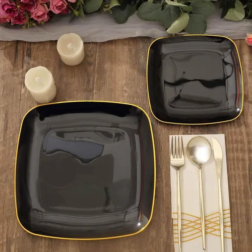 Miniatura 8 de Efavormart - Paquete de 10 platos cuadrados de plástico para postre de 7 pulgadas, color negro con borde dorado, platos desechables para ensalada