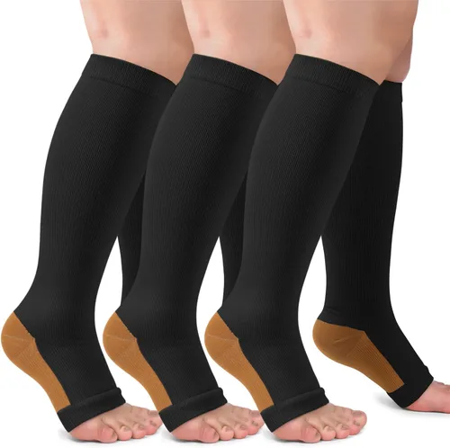 Paquete de 3 calcetines de compresión de cobre para mujeres y hombres, 20-30 mmHg con punta abierta hasta la rodilla, medias altas para soporte de