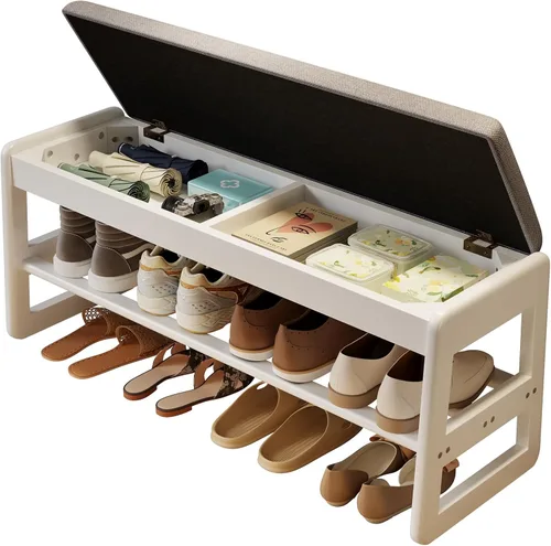 Miniatura 18 de AQIMUELE Banco pequeño para zapatos, banco de zapatos de 2 niveles con almacenamiento con tapa abatible, zapatero de madera para entrada, pasillo