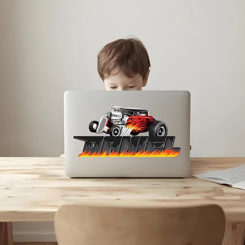 Miniatura 3 de Decoración de habitación de coches, calcomanía de pared con nombre de bandera de carreras, arte de pared personalizado para niños, bebés y niños