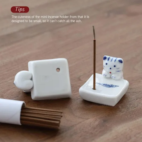 Miniatura 6 de Juego de 2, mini gatito japonés con perro, hecho a mano, de cerámica blanca, soporte para incienso o quemador de incienso, bandeja para decoración
