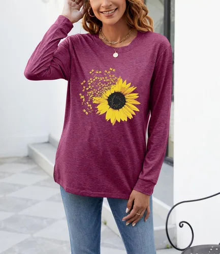 Miniatura 5 de Camiseta de otoño con estampado de girasol para mujer, diseño casual, holgada, manga larga, cuello redondo, túnica