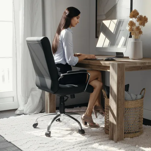 Miniatura 7 de Flash Furniture - Silla giratoria Whitney de respaldo medio con asiento acolchado y reposabrazos de LeatherSoft, silla de oficina ajustable en Negro