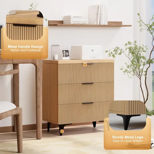 Miniatura 36 de Royal Windsor Mesita de noche acanalada con 3 cajones, mesa auxiliar lateral, armario de almacenamiento de acento, mesita de noche moderna