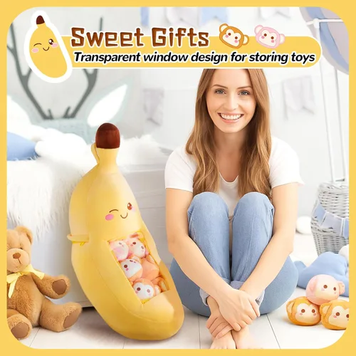 Miniatura 5 de Lewtemi Linda almohada de plátano Kawaii de peluche extraíble emocional de felpa con apoyo de gato dinosaurio regalo para la habitación del hogar