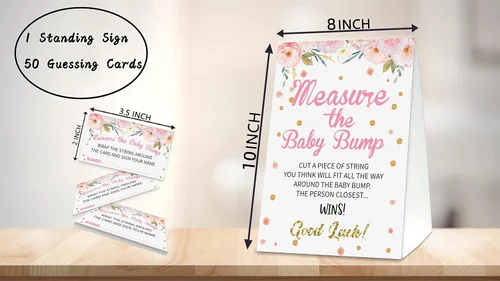 Miniatura 2 de OUDIEA Juegos de fiesta de baby shower, juego floral para medir el vientre de mamá 1 letrero y 50 tarjetas de adivinanza, mide el vientre del bebé