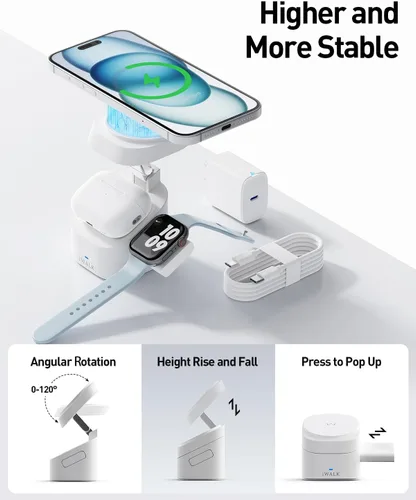 Miniatura 3 de iWALK Soporte de carga inalámbrico magnético 3 en 1, estación de carga plegable de 15 W para iPhone 16/15/14/13/12, Apple Watch y AirPods, base
